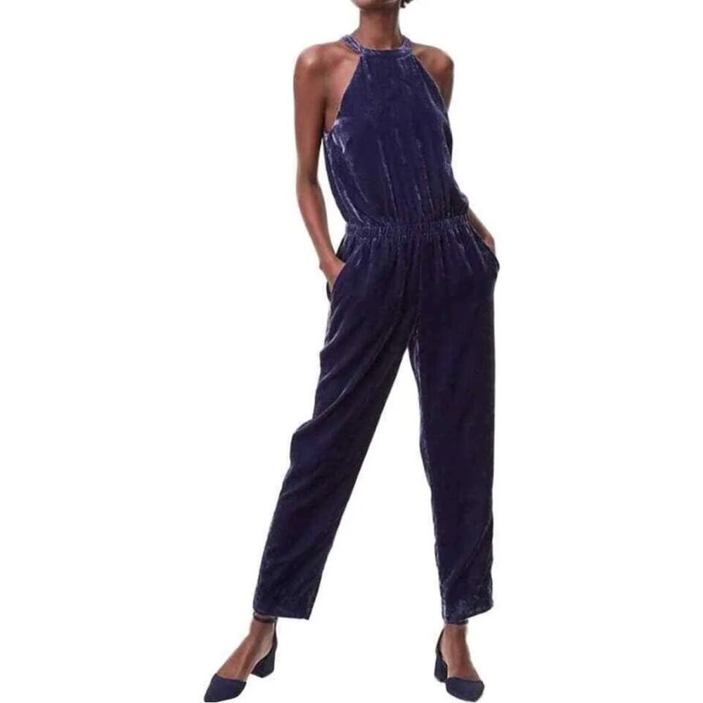 LOFT Navy Blue Crushed Velvet Velour Halter Jumpsuit Size S Pantsuit Romper NWOT
